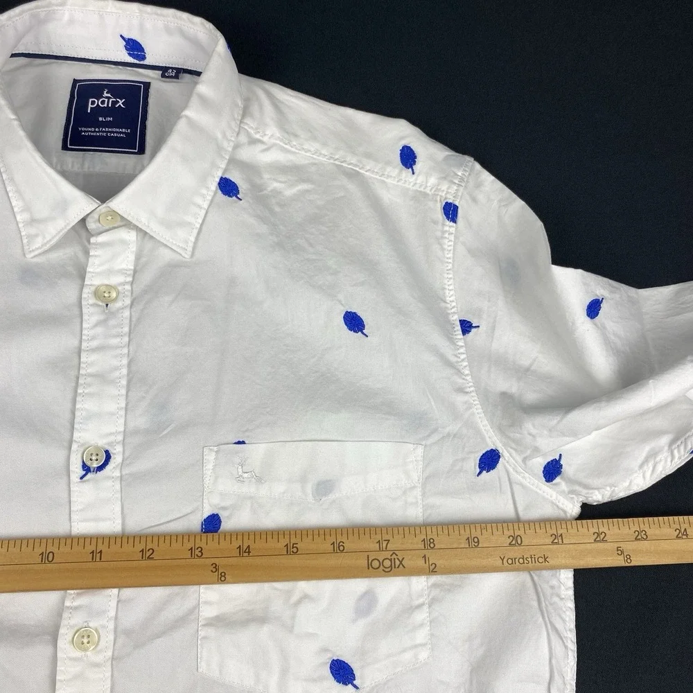 PARX Shirt Mens Large (42 cm) White w/Blue Leaf Embroidery Slim Fit NWT!